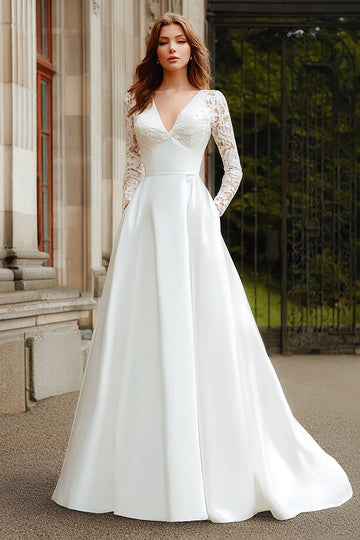 Ivory A-Line V-Neck Long Sleeve Wedding Dress With Lace